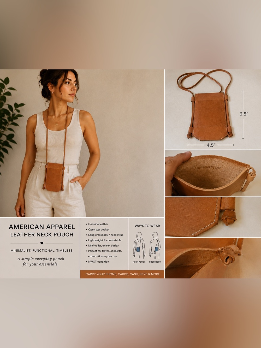 American Apparel Leather Neck Pouch Crossbody Phone Bag Tan Minimalist NWOT
